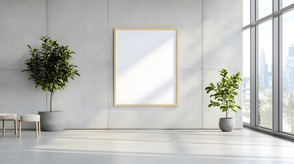 Empty poster frame set against a minimalist concrete wall in a modern office space with sunlight streaming through the windows creating a clean and bright setting perfect for promotional displays