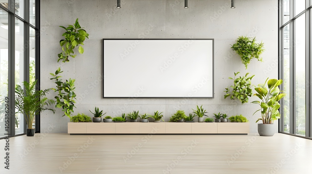 Aufkleber minimalist modern office interior featuring an empty frame hanging on a concrete wall bathed in natu