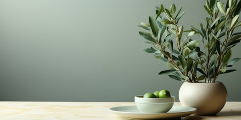 A simple tabletop still life with a ceramic vase containing an arrangement of fresh greenery, a white bowl filled with limes, and a white saucer on a light wood table with a muted green background.