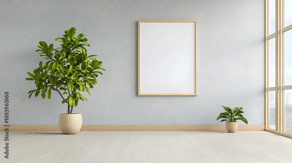 Aufkleber spacious and well lit modern office interior with a raw concrete wall and an empty poster frame crea