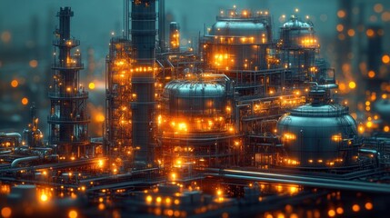 Obraz premium Industrial complex with glowing lights and structures at dusk.