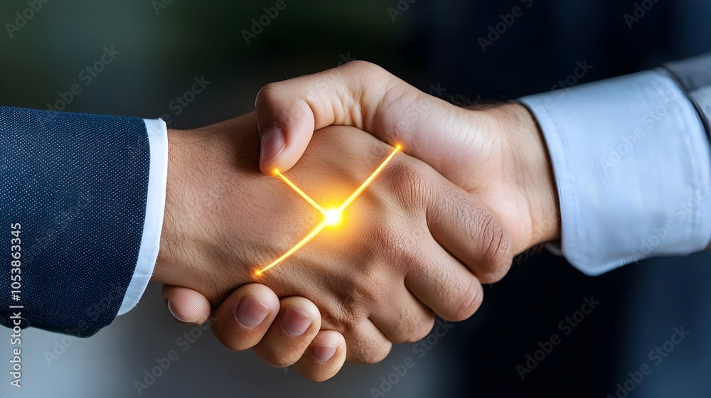 Poster Hands Shaking with Glowing Link Representing the Strength of Trusted and Solid Partnerships Between Individuals or Businesses