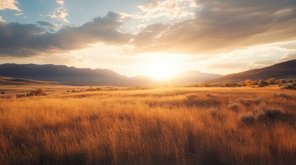 Sunset Over a Golden Grassy Field in a Mountain Valley