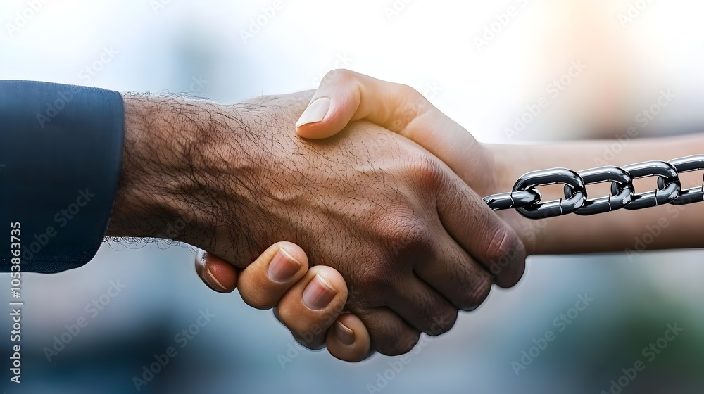 Poster Digitally rendered 3D of a handshake linked together by a solid chain symbolizing the bond between individuals or businesses in a partnership or corporate agreement