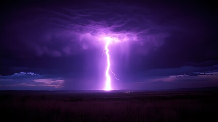 Obraz premium A single bolt of lightning strikes the ground, illuminating the dark clouds above and the grassy landscape below.