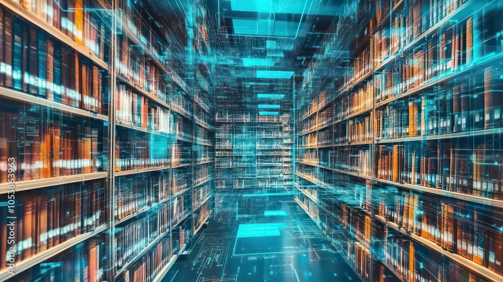 Aufkleber a futuristic library with digital elements and shelves filled with books.