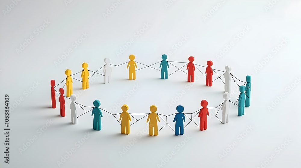 Poster A digital depicting 3D figures connected by lines in a circular formation symbolizing the concepts of shared goals