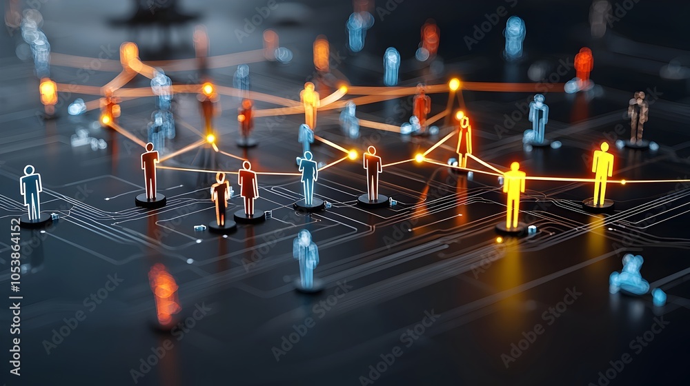 Poster Dynamic featuring multiple figures linked by glowing lines representing the concept of shared vision within a thriving and interconnected community