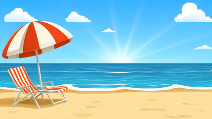 Beach Umbrella and Lounge Chair on Sandy Beach, ocean, sea, sky, clouds, sun