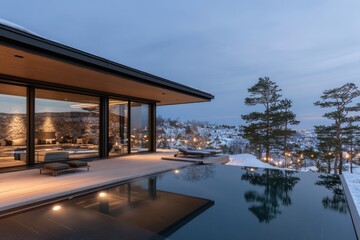 Fototapeta premium The image highlights a modern villa at dusk, offering an illuminated pool deck and large glass doors, situated in a serene, snow-covered hillside with ambient lighting.