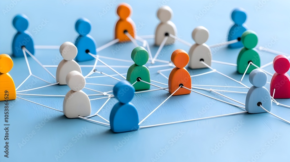 Poster of interconnected human like figures working together as a supportive community symbolizing objectives and collective success