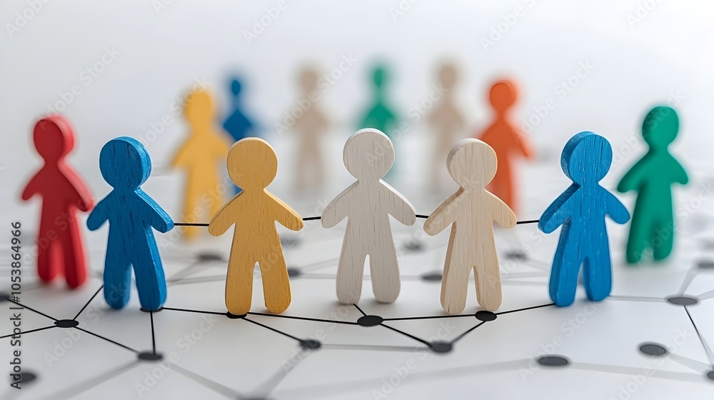Poster interconnected figures in a vibrant network symbolizing the strength of community and the pursuit of