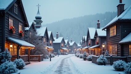 Fototapeta premium Snow-covered street with cozy houses, warm lights, winter evening, tranquil village scene. Generative, AI,