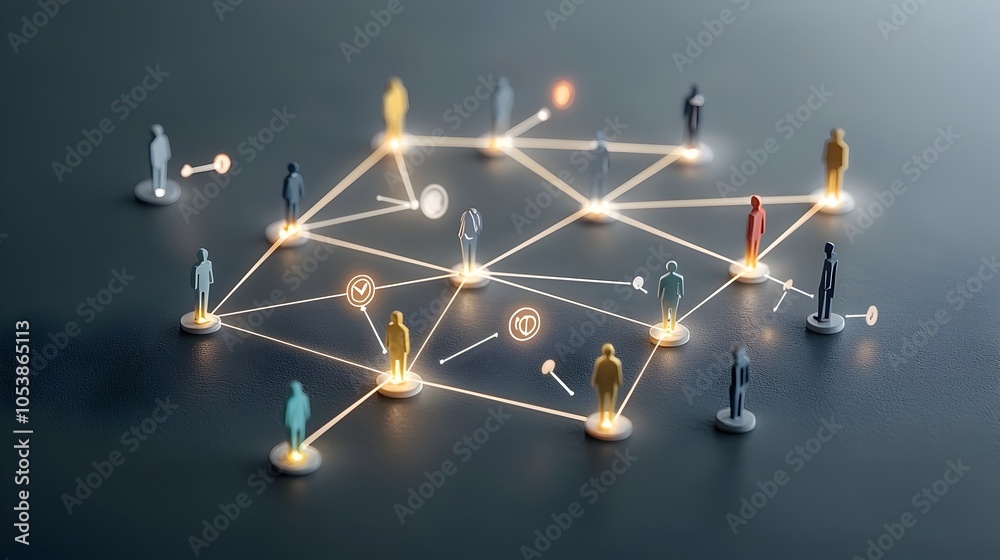 Poster An abstract digital depicting a community of figures connected by luminous pathways symbolizing the concept of collective ambition toward shared goals and