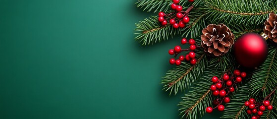 A green background with red berries and a red ornament