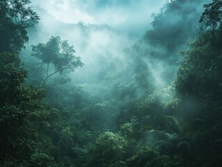 Fototapeta premium A serene forest scene enveloped in mist, showcasing lush greenery and trees shrouded in fog. Sunlight filters through the clouds, creating a tranquil atmosphere.