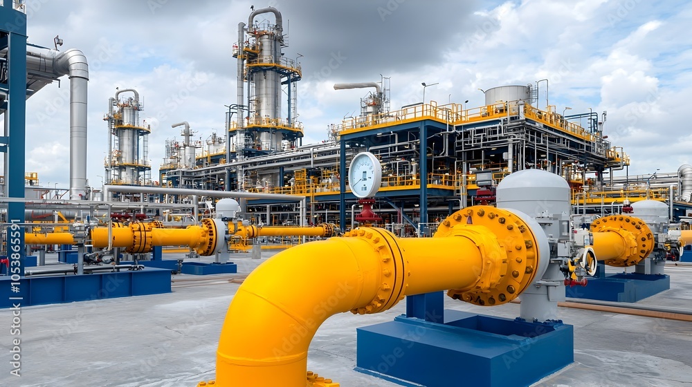 Poster aerial view of a high tech fuel refinery plant featuring a complex network of pipelines sophisticate