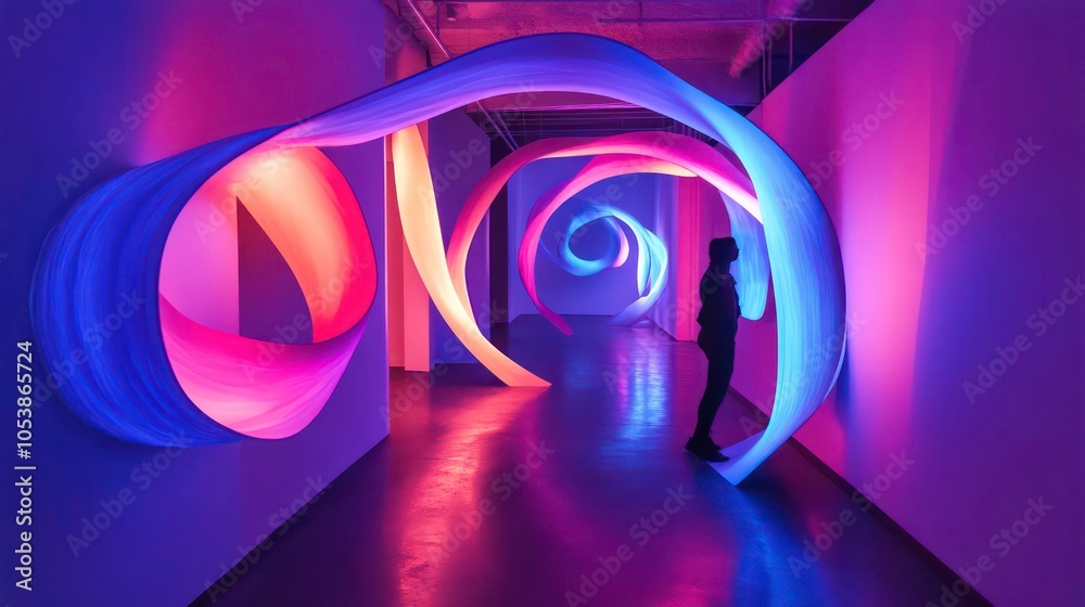 Poster A person stands in a gallery space illuminated by neon lights. The lights create a swirling, abstract pattern on the walls.