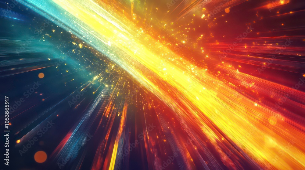 Poster A vibrant abstract background with radiant beams of light and sparkling particles.