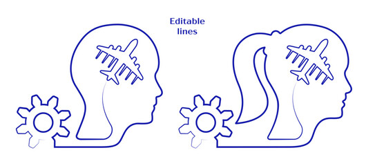 Woman, man business head design, editable line icon vector with gear wheel, airplane. Line art male, female business sign, to use in brainstorm, diversity, intelligence, business plan illustration. 