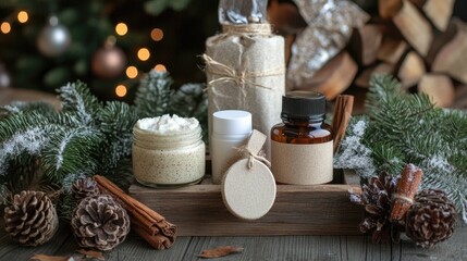 Artisanal cosmetic set with handmade lotions and scrubs, rustic holiday decor, [cosmetic gift set], [handcrafted New Year gift] 