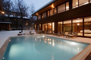 Fototapeta premium This elegant modern home features a steaming heated pool surrounded by a snow-covered landscape, offering warmth and comfort with stylish design elements.