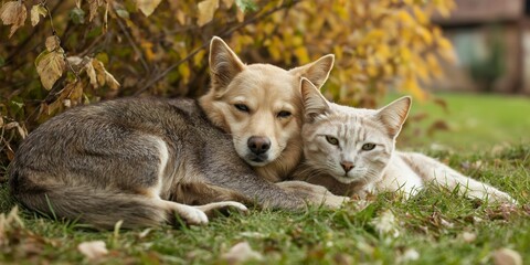 Obraz premium A dog and cat lie nestled together on a sunny lawn, peacefully enjoying companionship in a natural setting.
