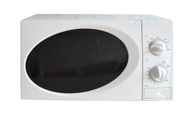 Old white microwave on white background.