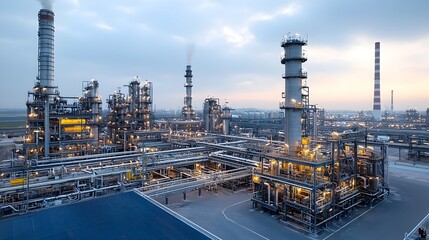 Fototapeta premium Sunset view over a sprawling fuel processing refinery with towering silos pipes and industrial infrastructure silhouetted against the evening sky