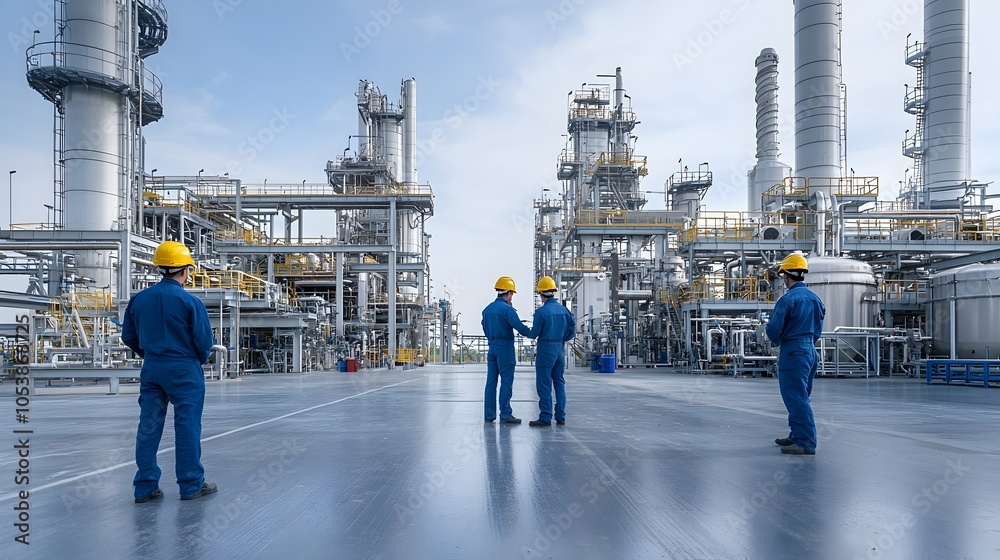 Poster engineers in hard hats inspecting the and technology of a clean sustainable biofuel production facil