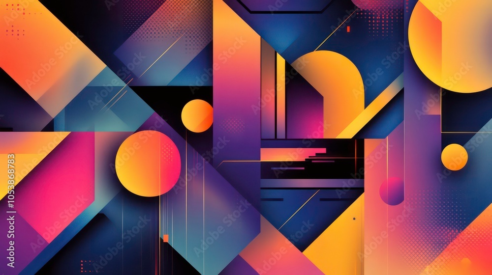 Poster abstract geometric design with vibrant colors and shapes.