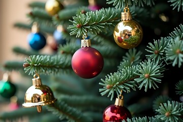 Traditional Italian Christmas tree decorated with red and gold ornaments, including miniature bells, natural lighting, copy space on the right