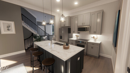 Minimalist kitchen space with marble countertops, integrated lighting, and backless bar stools for a streamlined, modern feel