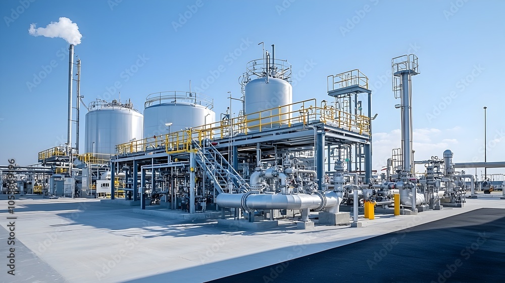 Poster Aerial panoramic view of a large gas processing plant with numerous storage tanks and intricate pipeline network  The industrial facilities span across the landscape