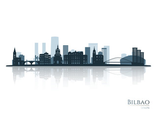 Obraz premium Bilbao skyline silhouette with reflection. Landscape Bilbao, Spain. Vector illustration.