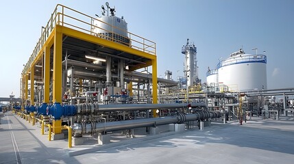 Vast industrial gas processing facility with towering storage tanks intricate pipeline networks and other large scale machinery and equipment