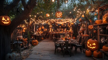 Naklejka premium Halloween charming outdoor area decorated for a Halloween bash