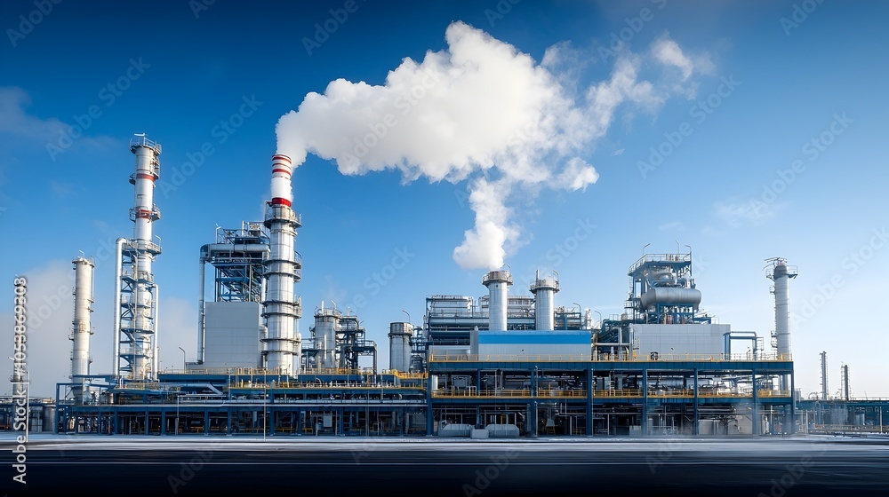 Poster aerial view of a well organized and efficient refinery plant with steam rising from the structures s