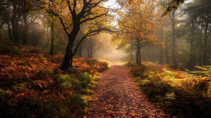 Fototapeta premium A Path Through Autumnal Woodland with Mist and Golden Sunlight
