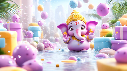 Obraz premium Adorable Ganesha in a Magical Setting, Hindu god, elephant god, Hindu deity, Indian god, Indian deity