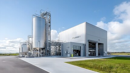Large biofuel storage tanks and eco friendly processing plant in a modern urban setting  Alternative energy and renewable fuel production facility with industrial architecture machinery
