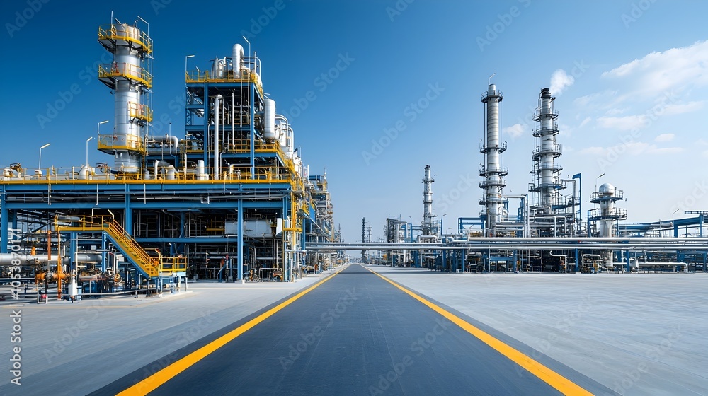 Poster An aerial view showcasing an expansive network of refinery pipelines stretching out towards the distant horizon conveying the intricate and extensive nature of industrial infrastructure
