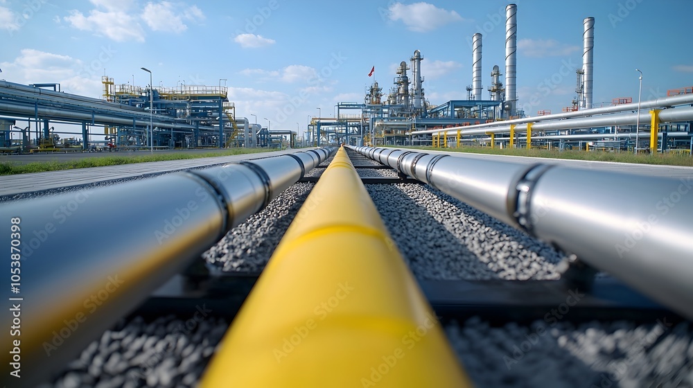 Poster intricate network of pipelines at a sophisticated gas refinery with smooth industrial aesthetics and