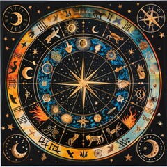 Naklejka premium Zodiac signs inside of horoscope circle. Astrology in the sky with many stars horoscopes concept