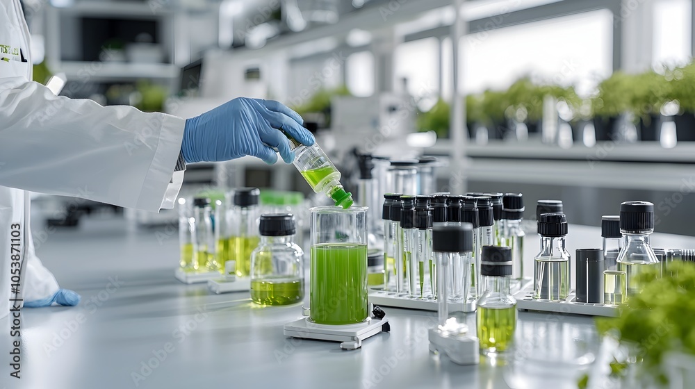 Poster scientist working in a clean modern biofuel research laboratory analyzing a green liquid sample for 