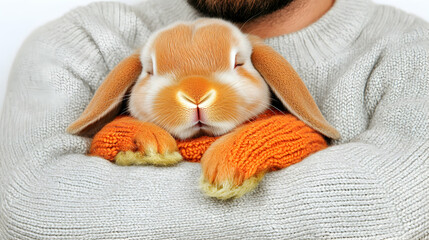 Fototapeta premium Cute rabbit bunny sleeping in knitted sweater, adorable, fluffy, soft, cozy, warm