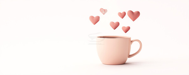 Coffee cup with heart steam, warm colors, 3D render