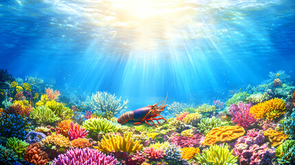Fototapeta premium Underwater Coral Reef with Lobster, ocean, sea, marine life, crustacean, fish