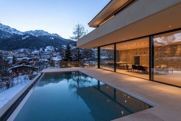 An elegant villa overlooking majestic mountains, complemented by a serene outdoor pool at dusk, showcasing stylish architecture and luxurious amenities.
