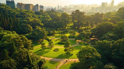 Hong Kong Park. Aerial View of City Skyline and Tree Top Park Landscape